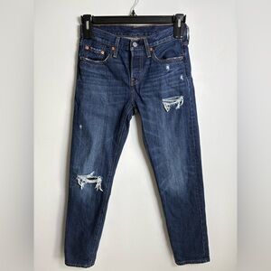 Levi’s 501 Tapered Jeans 25x28 Dark Wash Distressed 100% Cotton Button Fly